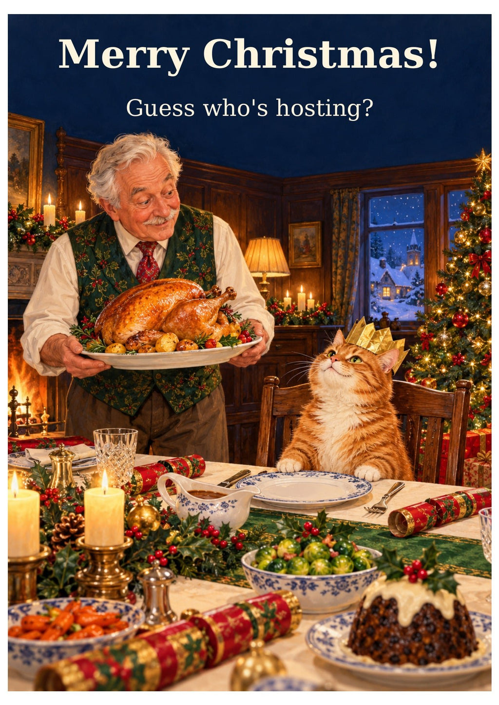 Christmas dinner guest card with “Merry Christmas!” and “Guess who’s hosting?”