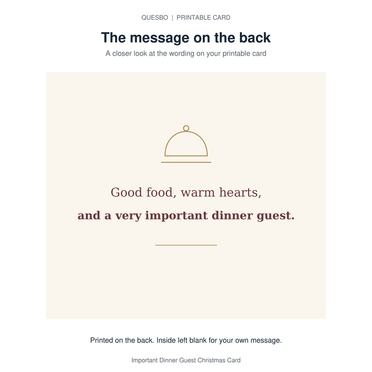 Printed message on the back of the PDF card: Good food, warm hearts, and a very important dinner guest. The inside is blank for your own handwritten message.