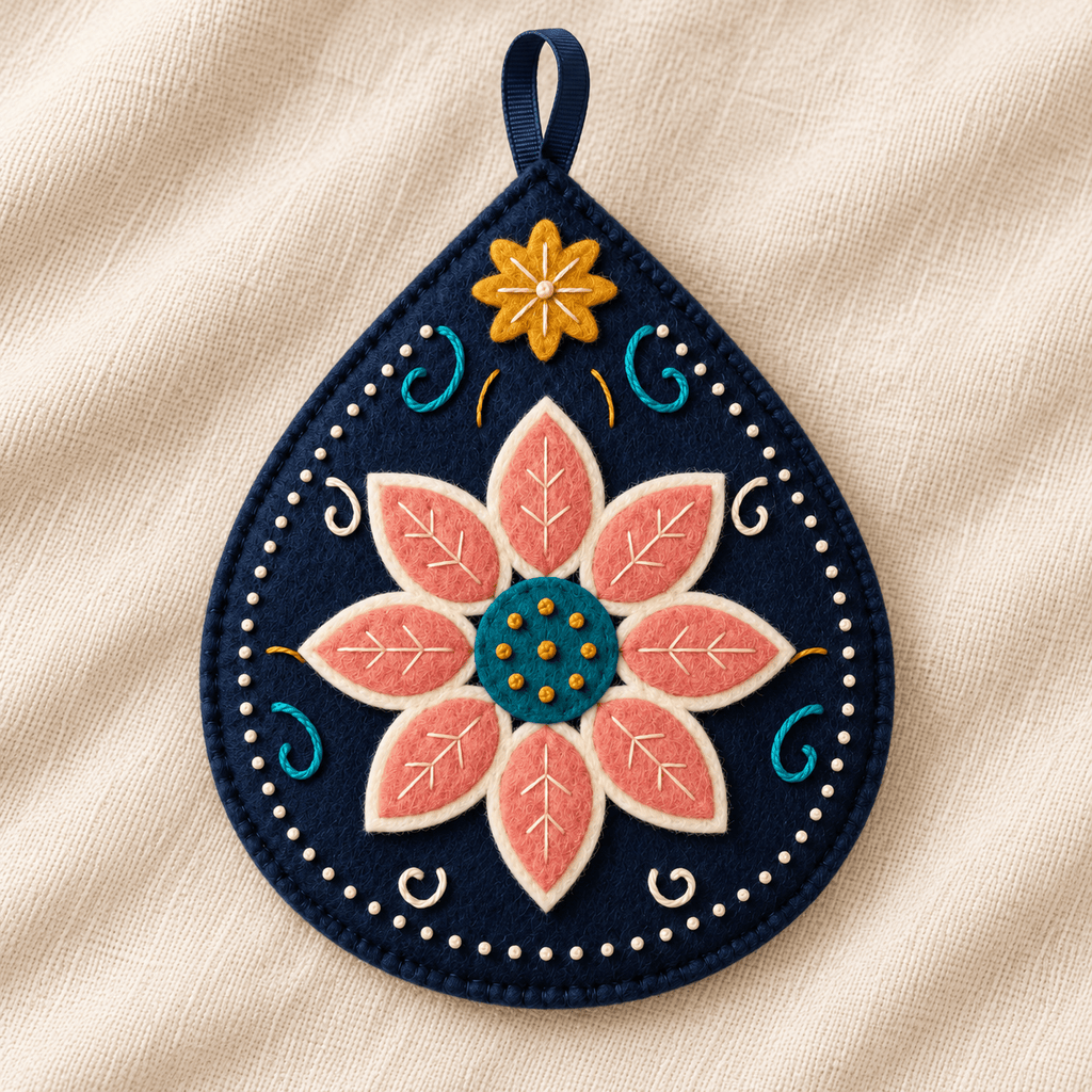 Indonesian Batik Bloom Pendant craft guide: navy felt teardrop with a coral and cream flower, teal embroidery and full-size printable templates.