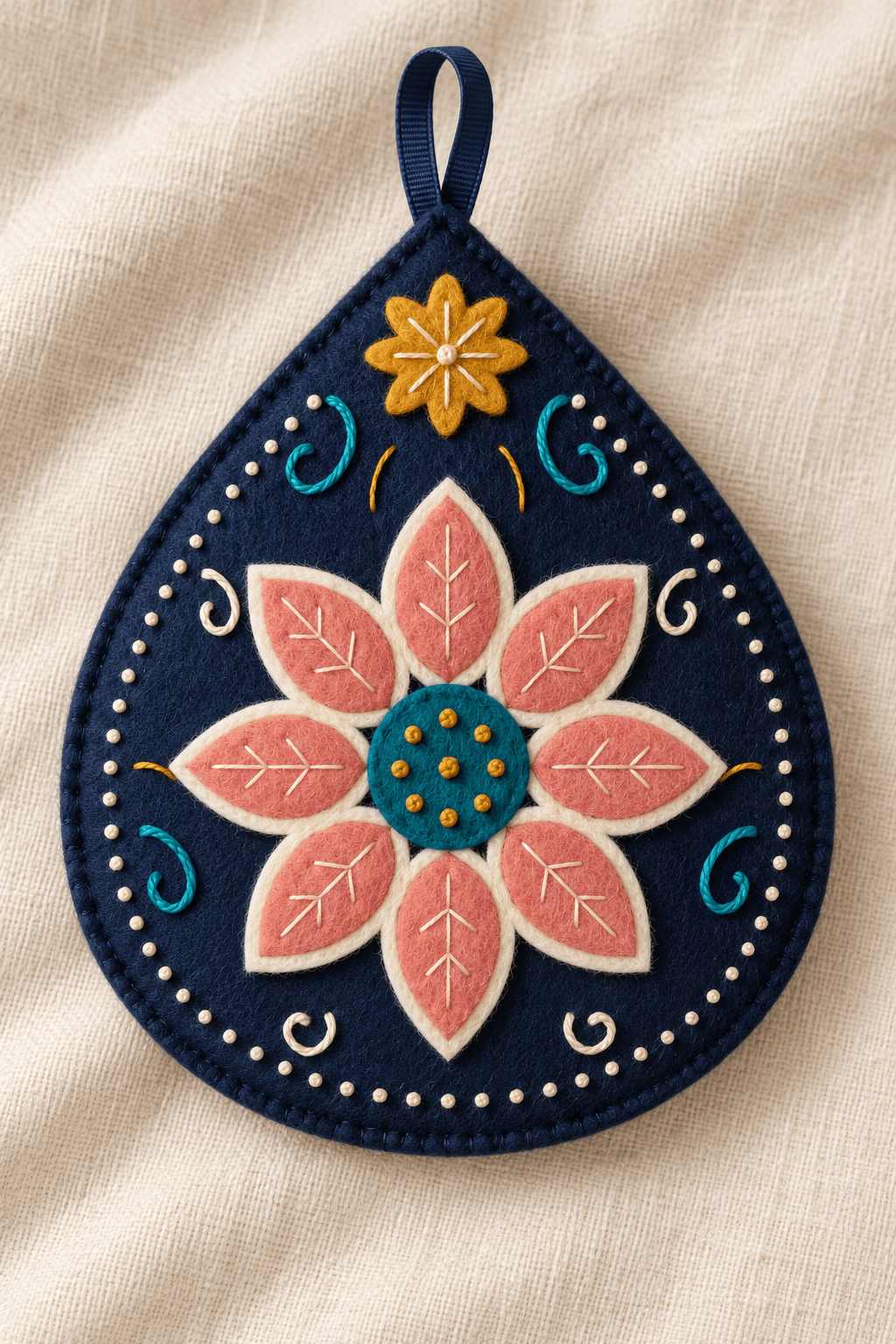 Finished Indonesian Batik Bloom felt pendant with eight coral petals edged in cream, teal centre and embroidered scrolls.