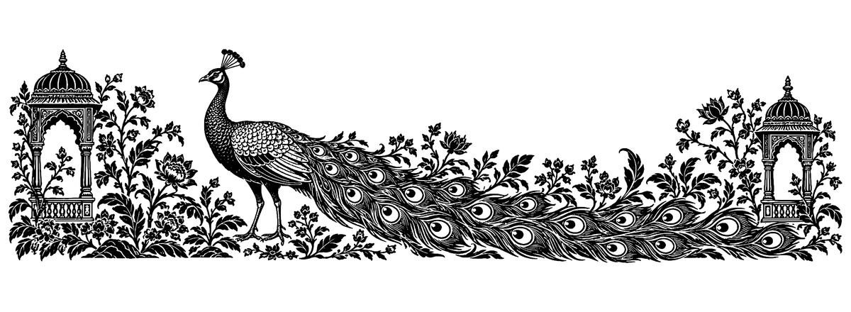 Peacock Palace Garden - flat black-and-white panoramic laser engraving artwork. A peacock with a long patterned train appears among flowering vines and palace-inspired arches.