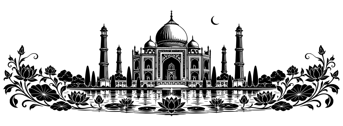 Taj Moonlit Lotus - flat black-and-white panoramic laser engraving artwork. A Taj Mahal-inspired silhouette, moon, minarets and lotus pond form a wide decorative landscape.