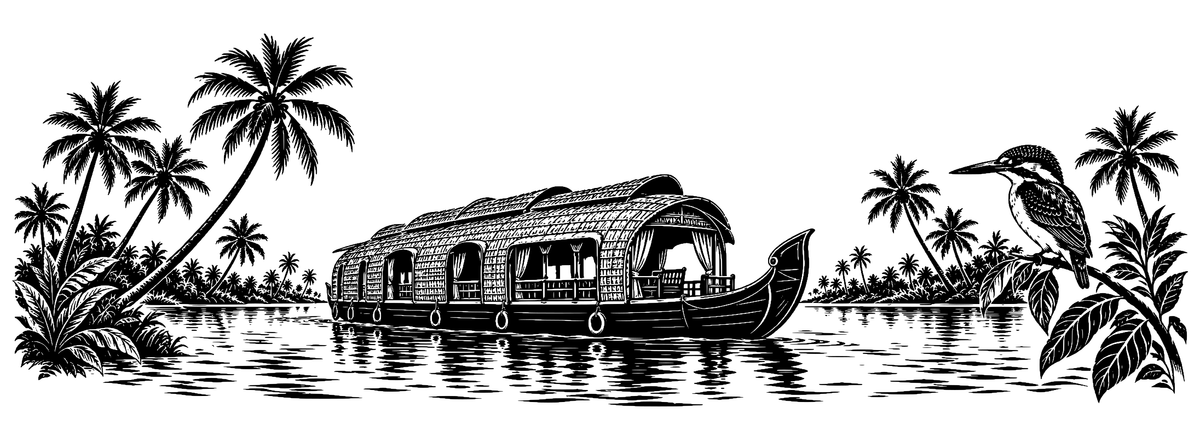 Kerala Backwater Dream - flat black-and-white panoramic laser engraving artwork. A curved-canopy houseboat sits on rippling water among palms, lush foliage and a kingfisher.