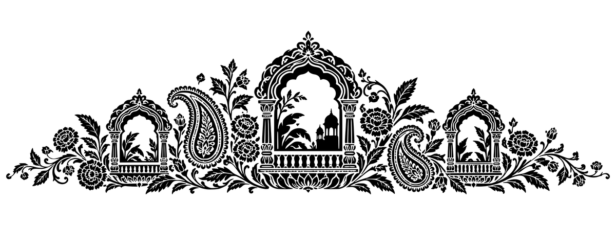 Jaipur Paisley Courtyard - flat black-and-white panoramic laser engraving artwork. A flowing arrangement of scalloped arches, paisley forms, leaves and decorative flowers.