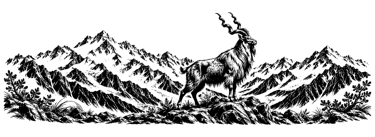 Markhor Mountain Majesty - flat black-and-white panoramic laser engraving artwork. A markhor with twisting horns and a shaggy beard stands on rocks before layered mountain peaks and alpine plants.