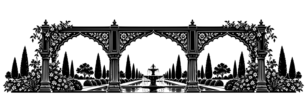 Lahore Mughal Garden - flat black-and-white panoramic laser engraving artwork. Scalloped arches and ornate columns frame a garden fountain, cypress trees and decorative vines.