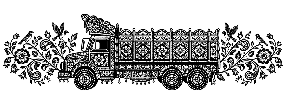 Pakistani Truck Art Bloom - flat black-and-white panoramic laser engraving artwork. An ornamented cargo truck with a tall decorative crown is surrounded by flowers, birds and sweeping flourishes.