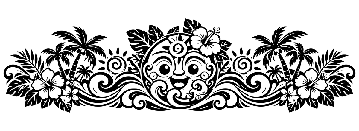Island Guardian black-and-white panoramic engraving design with tropical craft-inspired motifs; design only