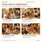 Four Italian Café and Restaurant Quest chapters: Café Mornings, Terrace Lunches, Restaurant Moments, and Celebrations and Confidence. Six situations in each chapter.