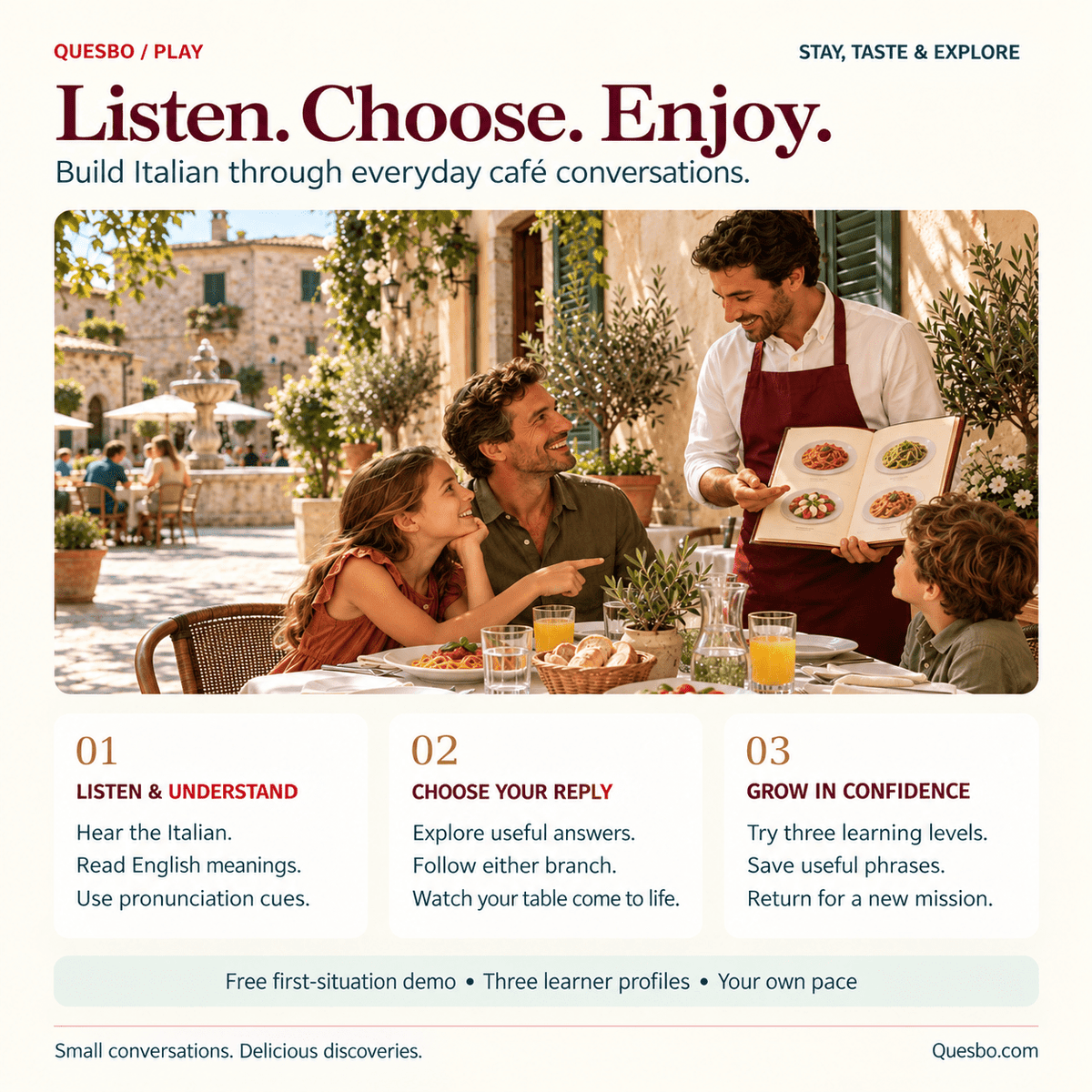 Learn Italian through café conversations: listen and understand, choose your reply, and grow in confidence. Free first-situation demo and three learner profiles.