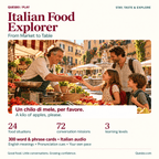 Italian Food Explorer — From Market to Table: branded Quesbo Play cover showing a family at an Italian market, with 24 food situations, 72 missions, 3 levels, 300 cards and Italian audio.