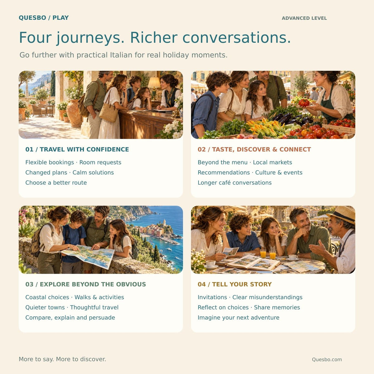 Four advanced Italian holiday journeys: confident travel, food and culture, exploring, and sharing stories.