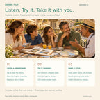 Italian for Holidays practice guide with a family at an Italian cafe and three steps: listen and understand, try it yourself, and make it stick.
