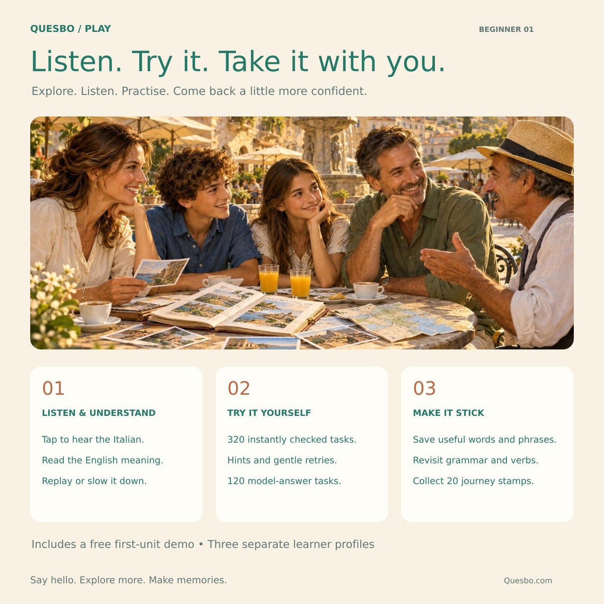 Italian for Holidays practice guide with a family at an Italian cafe and three steps: listen and understand, try it yourself, and make it stick.
