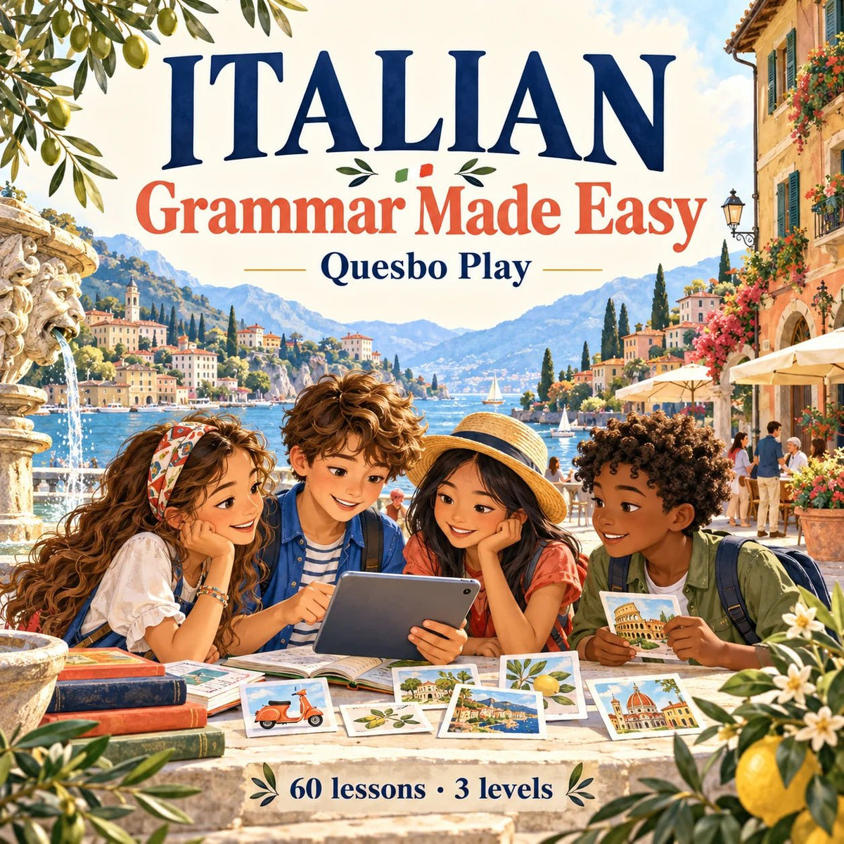 Italian Grammar Made Easy by Quesbo Play, with children learning in an Italian piazza; sixty lessons across three levels.
