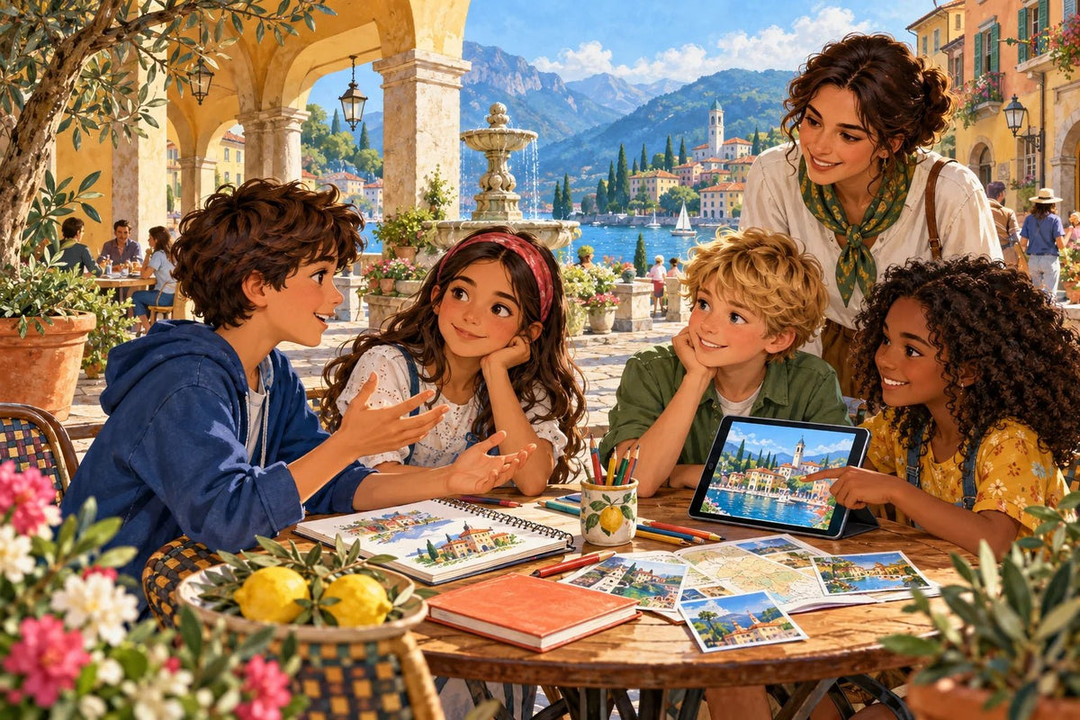 Friends explore Italian grammar together in a sunny lakeside piazza with a fountain, olive trees and colourful town houses.