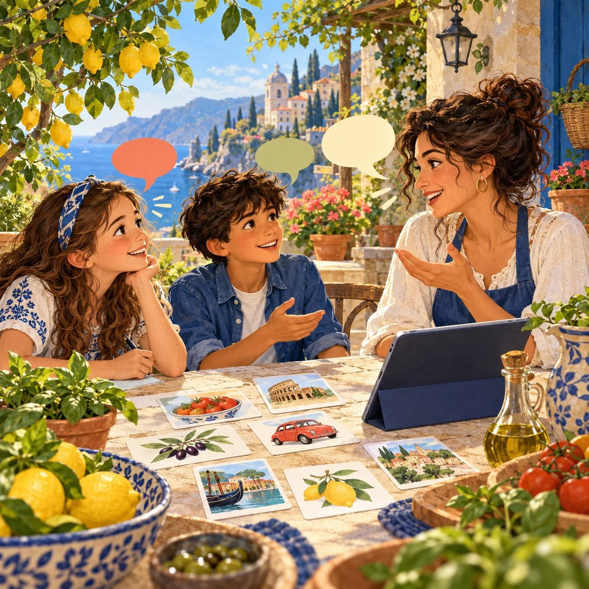 Children practise a friendly Italian conversation with an adult in a bright kitchen garden.