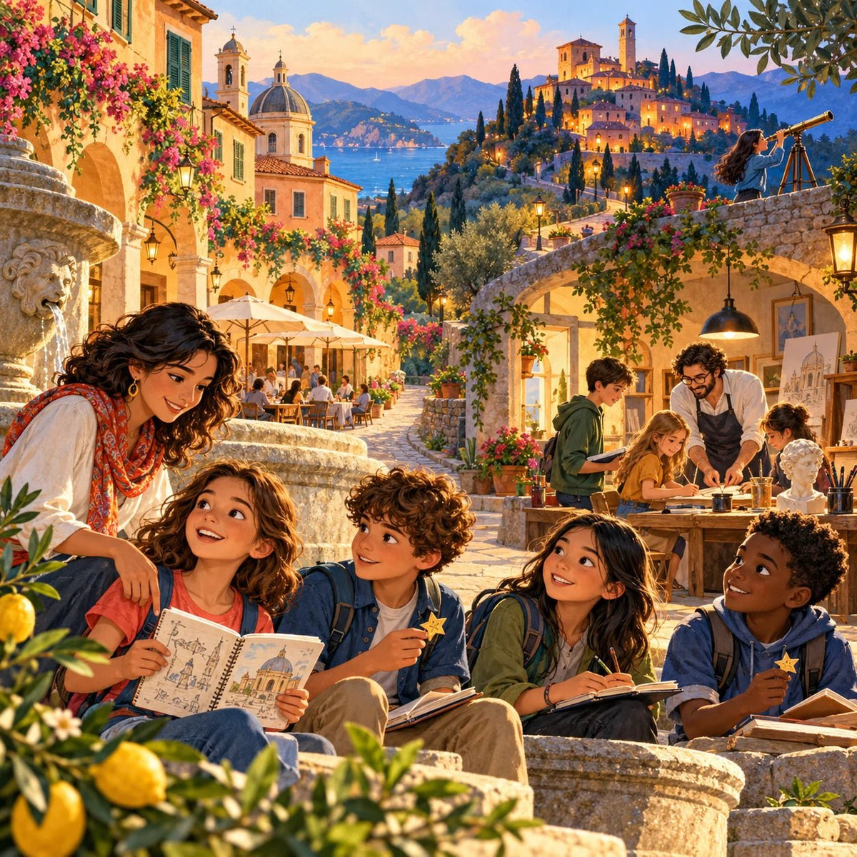 An illustrated Italian learning journey through a piazza, garden and lakeside town.