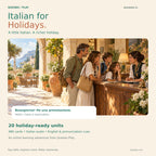Italian for Holidays beginner course cover with a family checking into an Italian hotel, a bilingual welcome and the 20-unit, 480-card benefits.