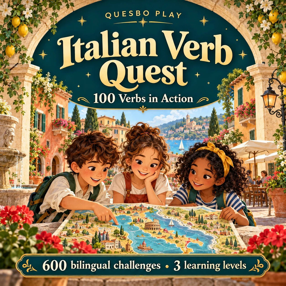 Italian Verb Quest cover: 100 Verbs in Action, 600 bilingual challenges and three learning levels, above an illustrated Italian piazza adventure.