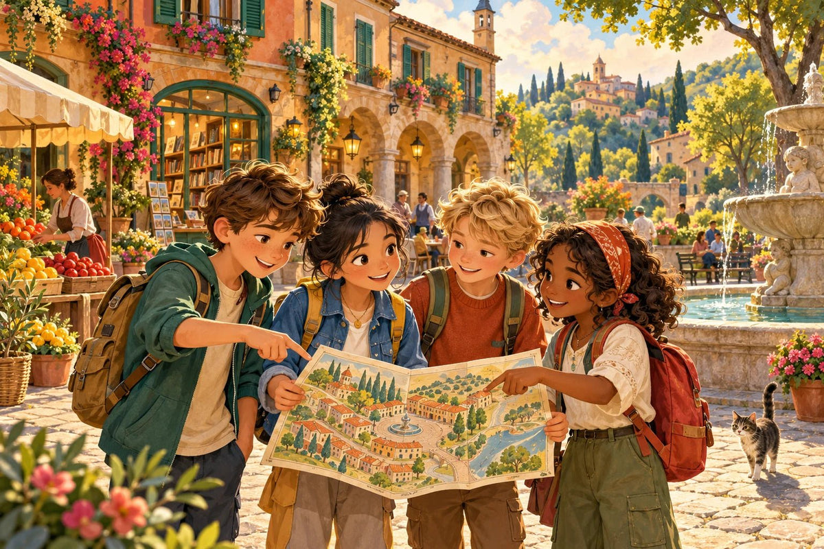 Four children explore a pictorial map in a sunlit Italian piazza.