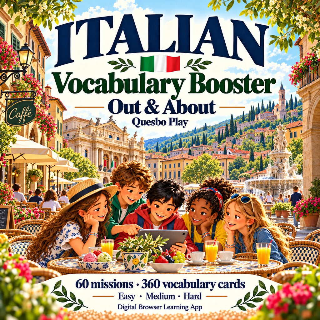 Italian Vocabulary Booster — Out & About: 60 missions and 360 vocabulary cards.