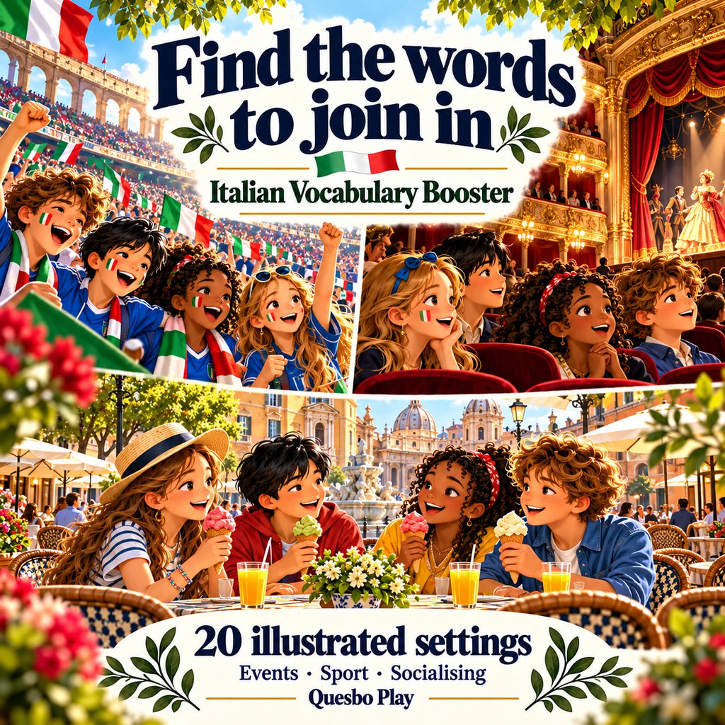 Italian Vocabulary Booster: football matches, theatre and café conversations across 20 illustrated settings.