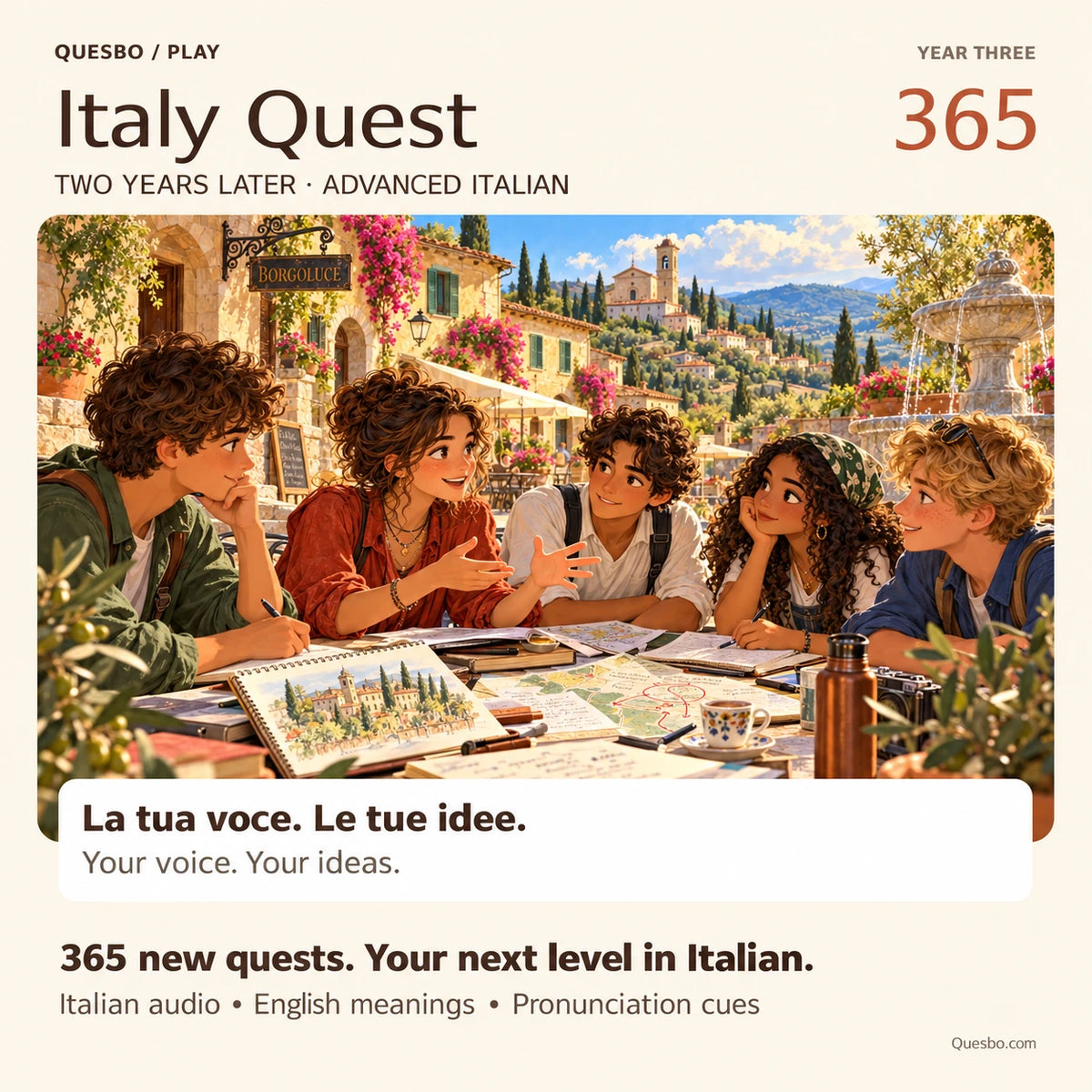 Italy Quest 365 — Two Years Later cover, presenting 365 advanced Italian quests with English meanings, audio and pronunciation cues.