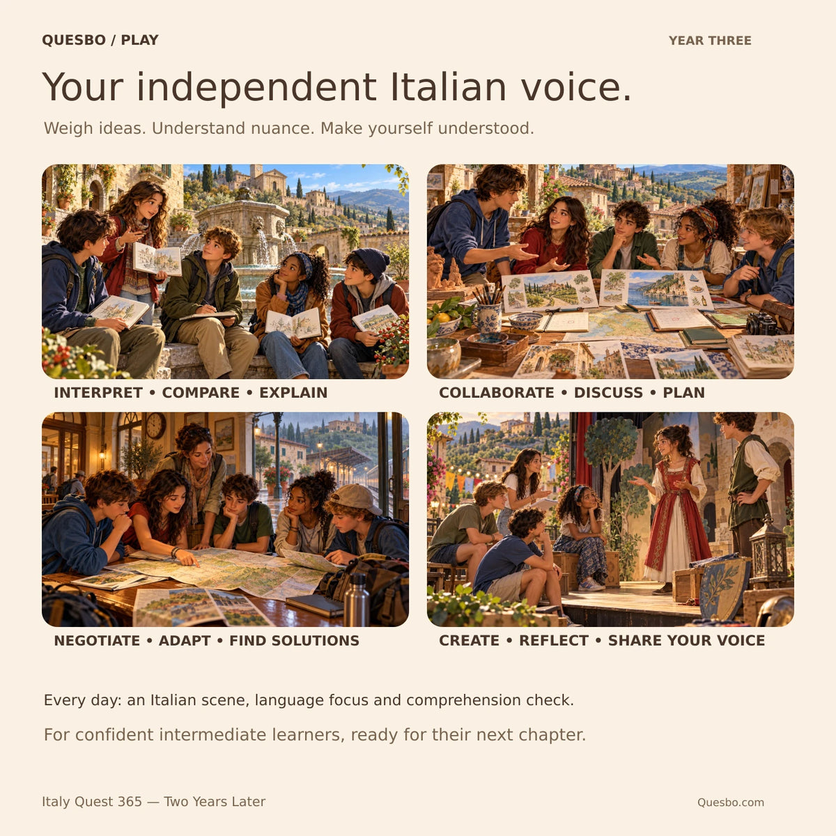 Italy Quest 365 — Two Years Later: illustrated advanced Italian learning scenes for interpreting, collaborating, negotiating and sharing ideas.