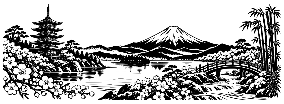 Japan in Bloom panoramic engraving artwork with Mount Fuji, a pagoda, cherry blossoms, bamboo and a bridge; artwork only