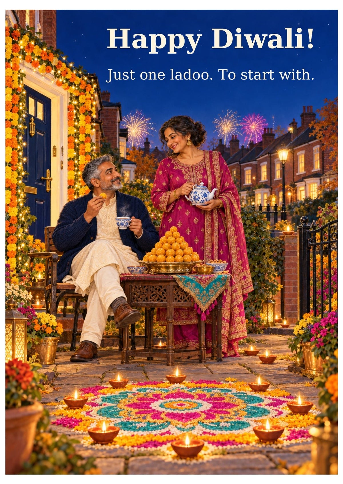 Diwali card with a ladoo theme, “Happy Diwali!” and “Just one ladoo. To start with.”