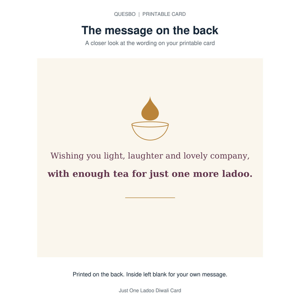 Printed message on the back of the PDF card: Wishing you light, laughter and lovely company, with enough tea for just one more ladoo. The inside is blank for your own handwritten message.