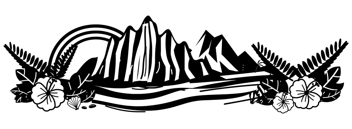 Kauai Waterfall Reverie: black-and-white panoramic engraving design. Island cliffs, a waterfall, rainbow and tropical foliage.