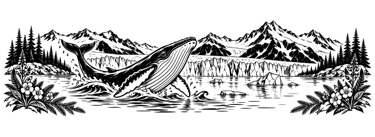 Kenai Whale Glacier Song: black-and-white panoramic laser engraving artwork, design only.
