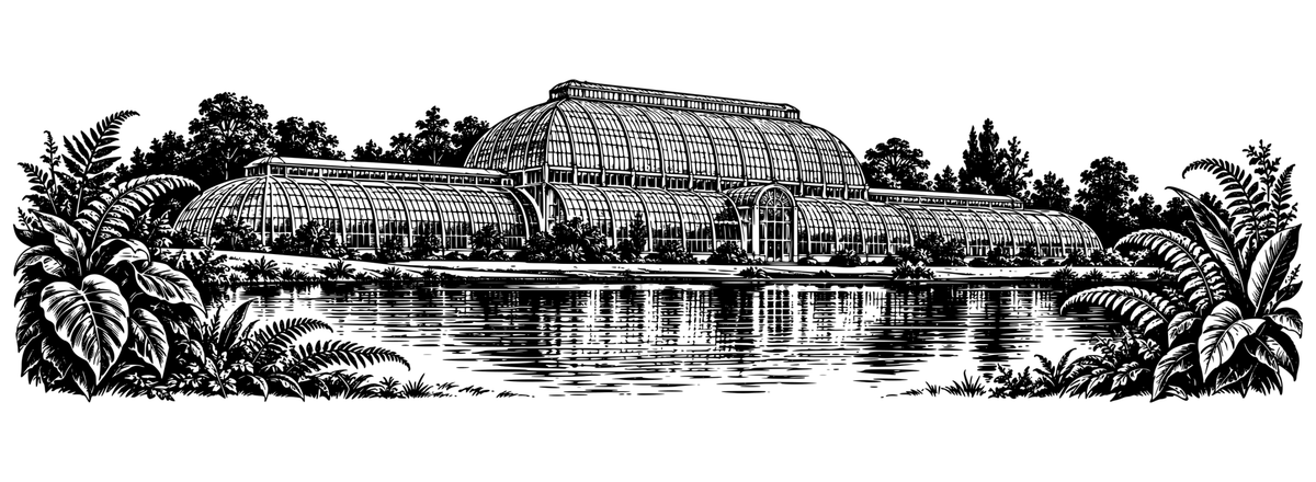 Kew Glasshouse Gardens: black-and-white panoramic laser engraving artwork, design only.