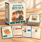 Kitchen Rivals game box and deck with ingredient, recipe, cook and food inspector cards on a wooden table.