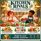 Kitchen Rivals illustrated overview showing two cooks preparing dishes, with ingredient, staff and kitchen equipment cards.