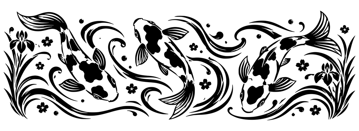 Koi in Motion black-and-white wrap engraving artwork showing koi fish, stylised ripples and botanical accents; design only