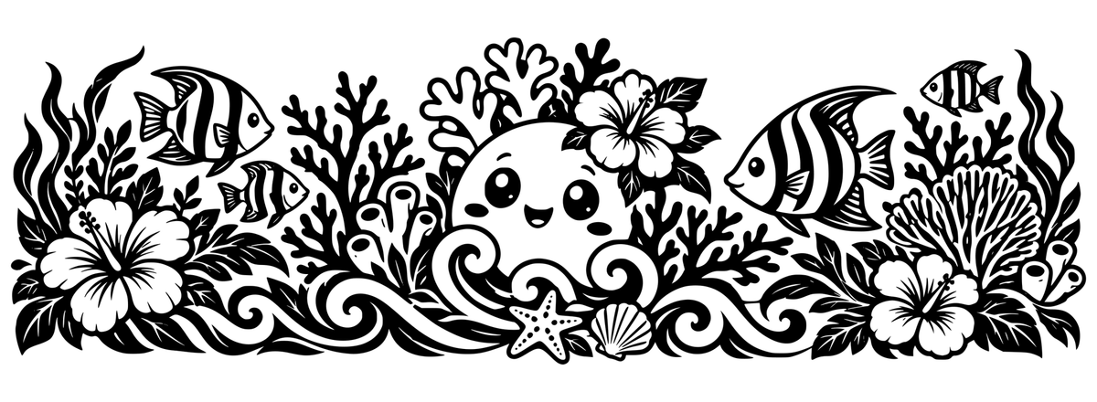 Lagoon Reef Garden black-and-white panoramic engraving design with tropical craft-inspired motifs; design only
