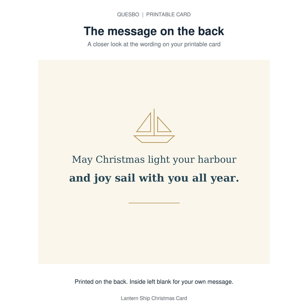 Printed message on the back of the PDF card: May Christmas light your harbour and joy sail with you all year. The inside is blank for your own handwritten message.
