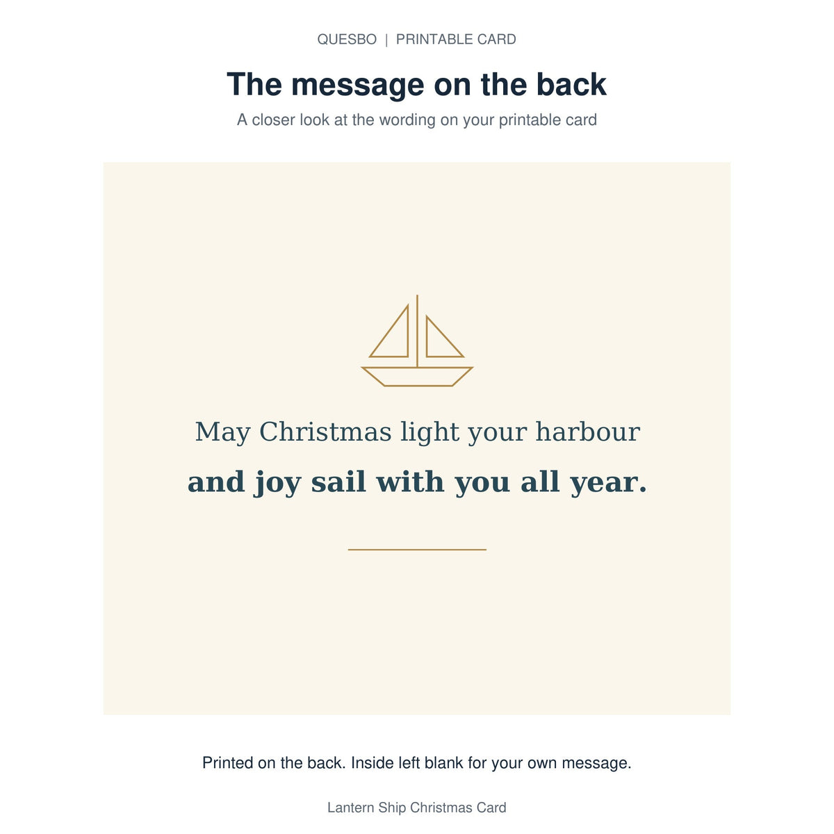 Printed message on the back of the PDF card: May Christmas light your harbour and joy sail with you all year. The inside is blank for your own handwritten message.