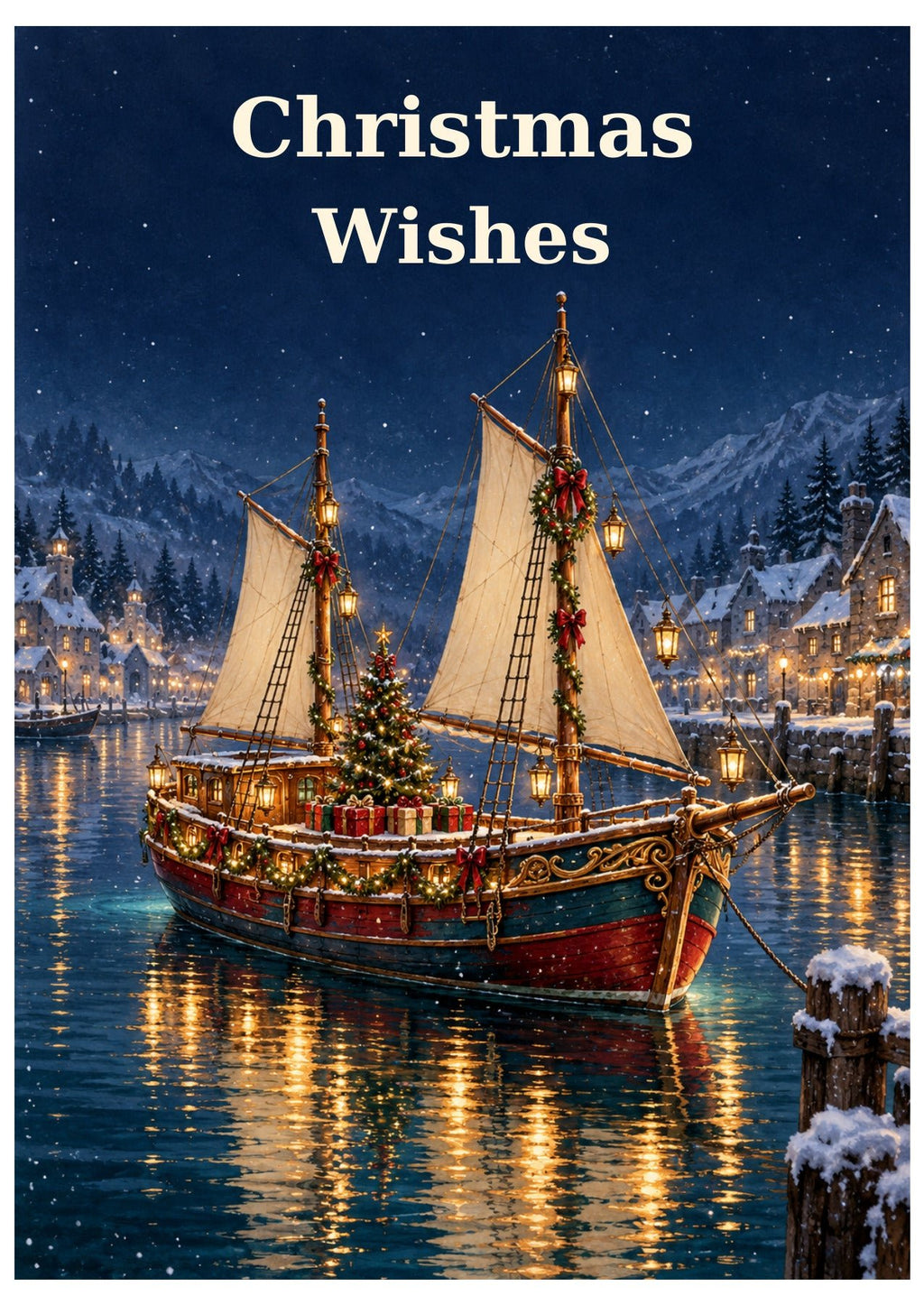 Illuminated sailing ship in a winter harbour with Christmas Wishes lettering.