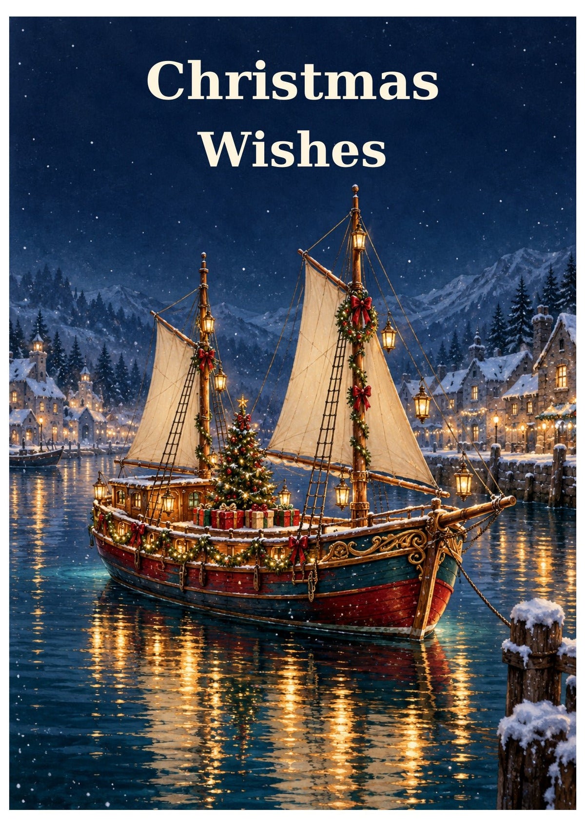Illuminated sailing ship in a winter harbour with Christmas Wishes lettering.