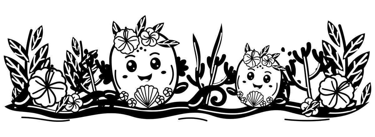 Lei Reef Sprite Garden: black-and-white panoramic engraving design. Friendly reef sprites, flower crowns and coral gardens.