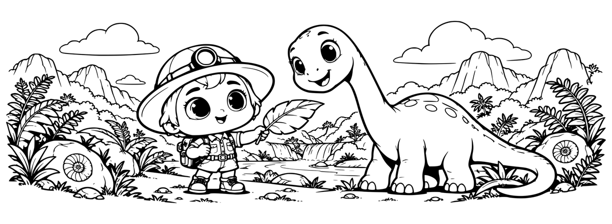 Little Explorer Dino Valley — flat black-and-white 360-degree laser engraving artwork. A helmet-and-headlamp explorer meets a gentle baby dinosaur among ferns and fossils.