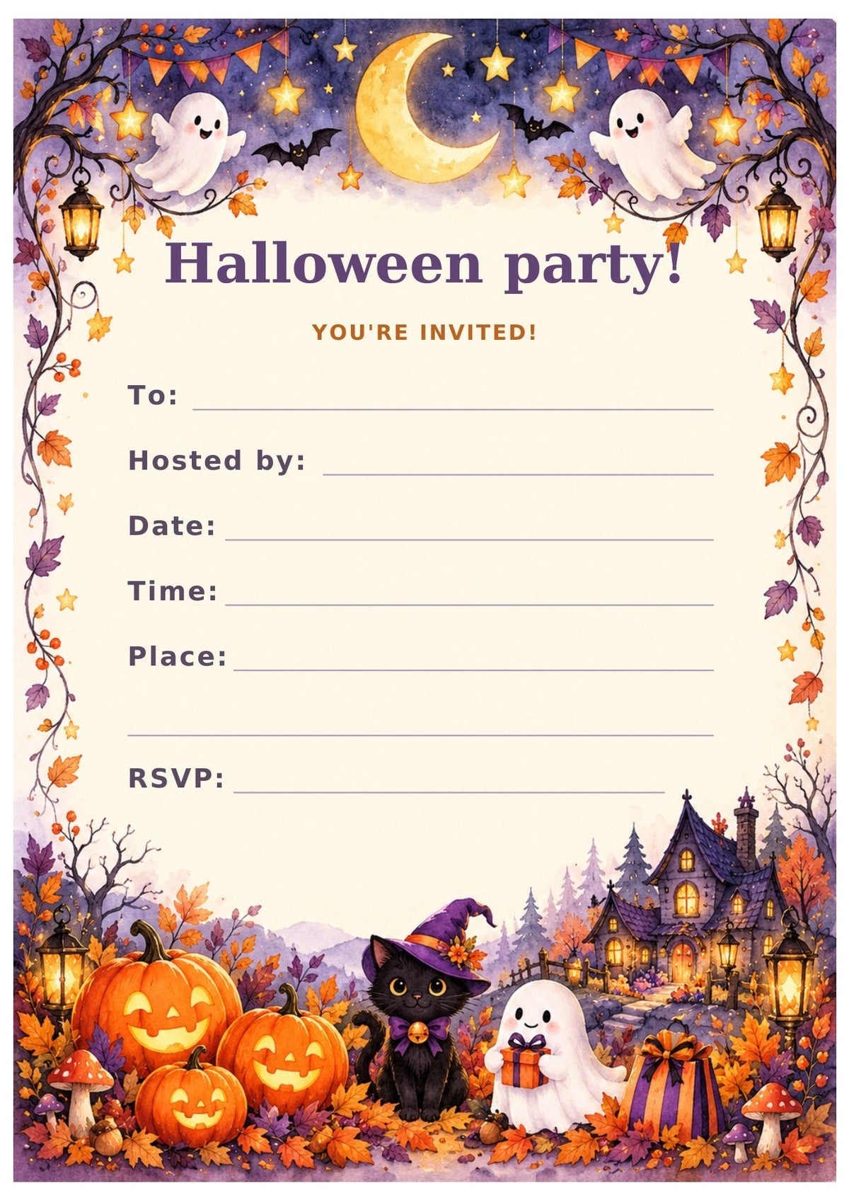 Halloween Party invitation with friendly ghosts, a crescent moon, pumpkins and a cat in a witch hat.