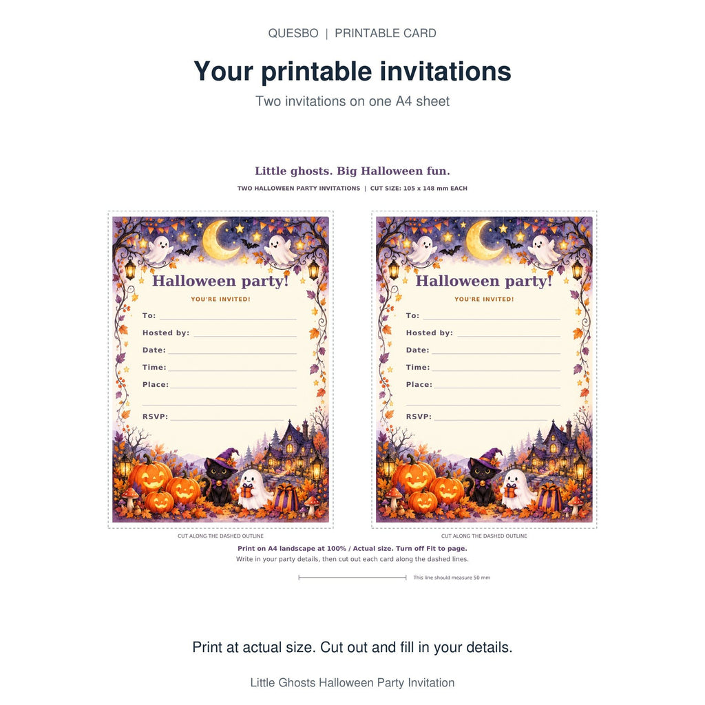 PDF print layout for Little Ghosts Halloween Party Invitation, showing two invitations and the wording and blank event-detail fields.