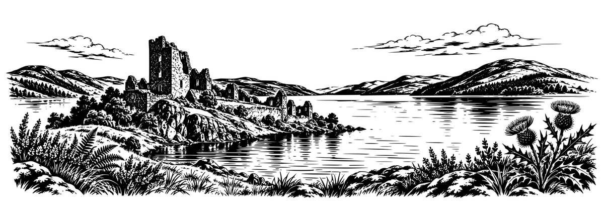 Loch Ness & Urquhart Castle: black-and-white panoramic laser engraving artwork, design only.