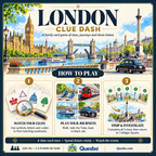 London Clue Dash how-to-play guide illustrating matching clues, planning journeys and investigating London landmarks.