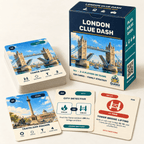 London Clue Dash box and Tower Bridge deck beside Trafalgar Square, City Detective and event cards.